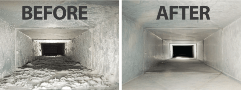 A before and after comparison of air duct and vent cleaning